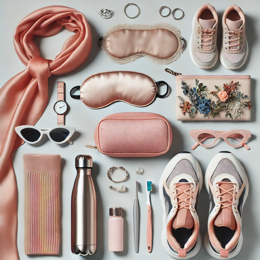 Flat-lay of feminine travel essentials including a pashmina, silk eye mask, compact travel toothbrush, stylish travel sneakers, and a small jewelry box, arranged on a soft pink background.